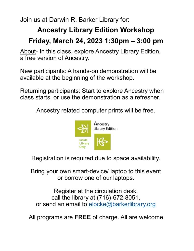 Ancestry Library Edition- Workshop @ Darwin R. Barker Library