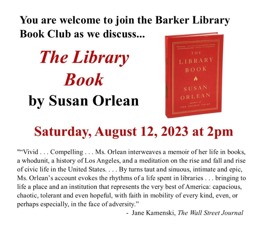 Barker Library Book Club, Rescheduled for Saturday, September 9th @ Darwin R. Barker Library
